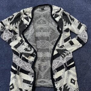 Lucky Brand Sweater Womens Medium Black White Aztec Open Front Cardigan Knit